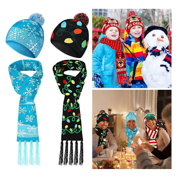 Hatt- och Halsduksset med LED-lampor, Julhatt, Snöflinga, Tomte, Klar, Julgran, Festlig Franshalsduk, Mössa Sky Blue