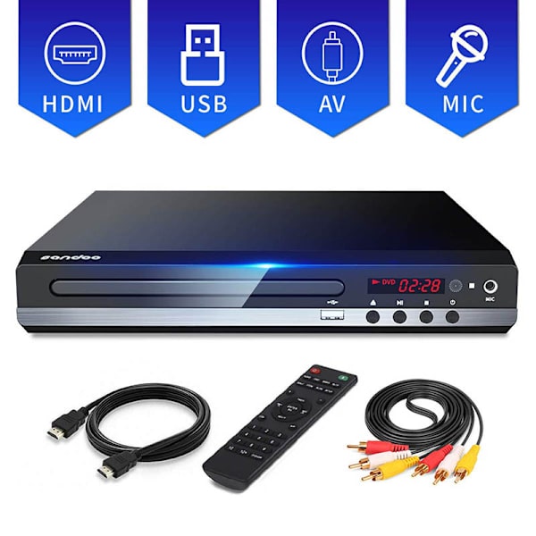 DVD-spiller for TV, DVD/CD/MP3 med USB-kontakt, HDMI- og AV-utgang (HDMI- og AV-kabel inkludert), fjernkontroll