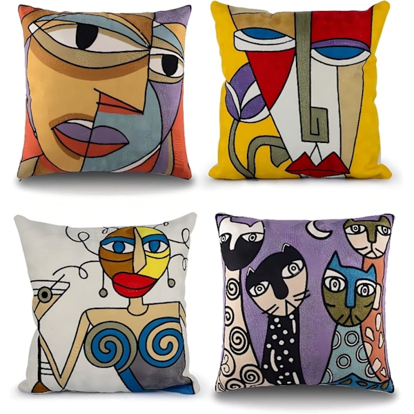 Sett med 4 Picasso putetrekk 45x45cm brodert bomullslin A