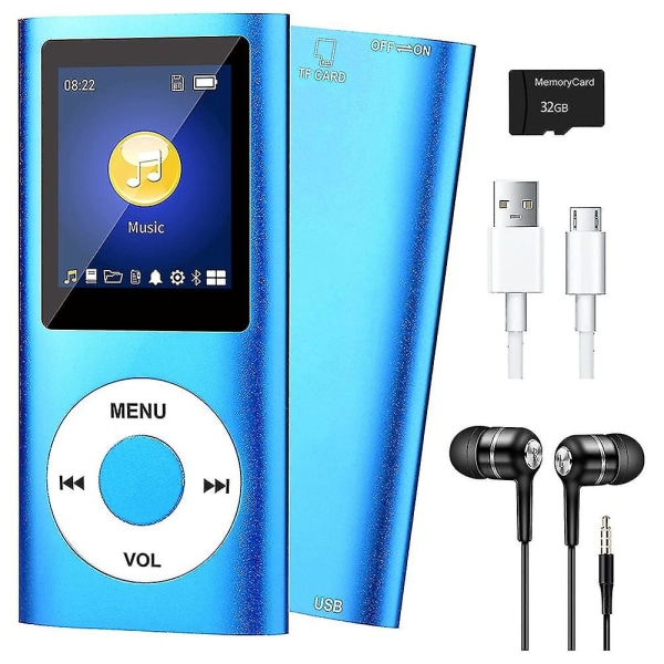 Mp3-afspiller med Bluetooth 5.0 Musik Afspiller med 32GB TF-kort FM Hovedtelefon Bærbar Hifi Musik Afspiller (Blå)