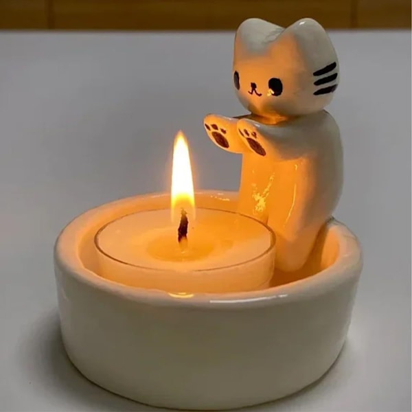Söt Katt Ljusstake | Kattunge Tealight Hållare | Varma Tassar Katt Tealight Hållare Ornament | Söt Ljusstake Heminredning Kattpresenter White