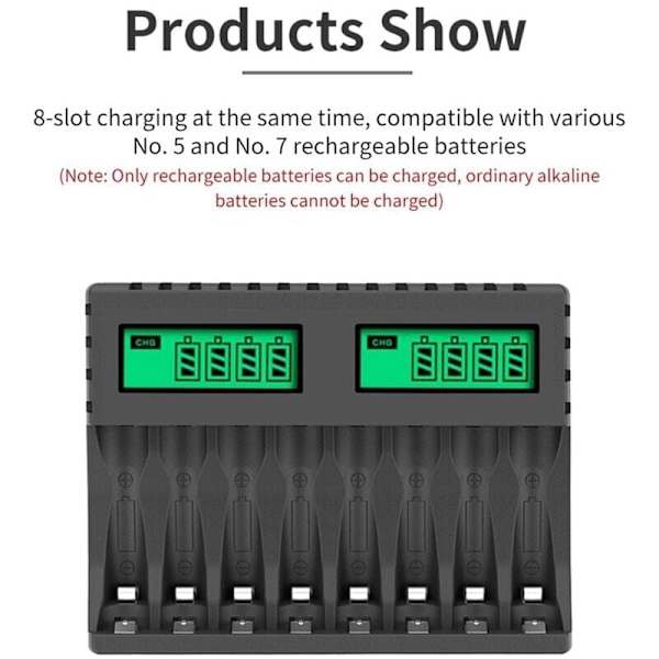 Batterioplader LCD-skærm 8 pladser Intelligent Smart Charger til AA/AAA NiCd NiMh genopladelige batterier AA AAA oplader..
