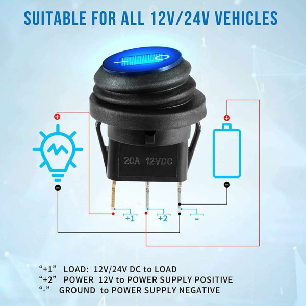 12V 20A vedenpitävä keinukytkin sininen LED päällä pyöreä ON OFF 3-napainen 12 voltti säänkestävä veneeseen autoon RV-kuorma-autoon 0.05 2PCS