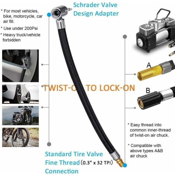 20 cm dækpumpeslange adapter, flettet pumpslange, dækventiladapter, cykelpumpeforlængelse, ventilpumpe til biler, motorcykler og cykler, ikke tømt