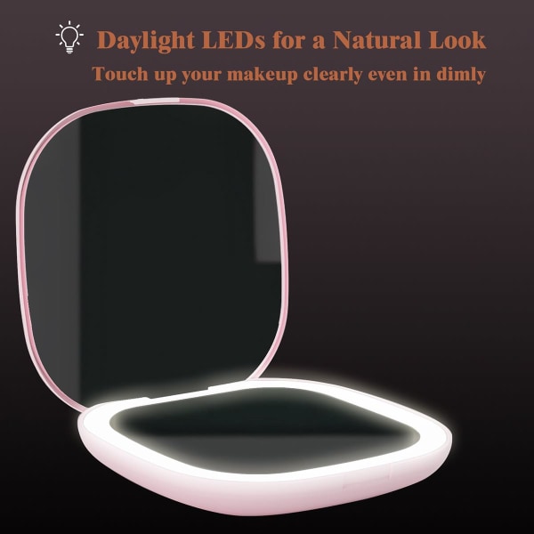 Kompakt speil, 1X/5X forstørrelsesspeil med lett lite reisesminke speil bærbar LED lommespeil for håndveske Pink
