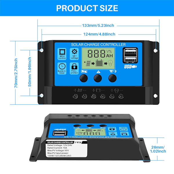 10A 12V/24V Laderegulator Regulator Solpanel Intelligent B