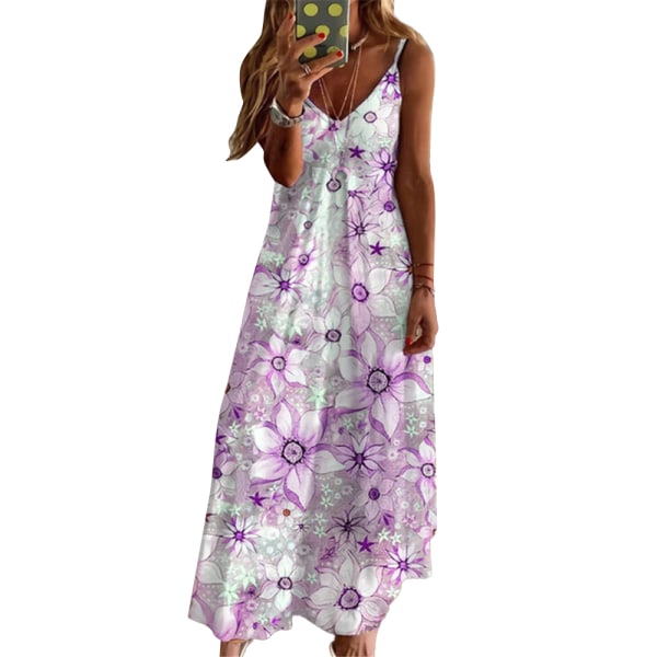 Naisellinen temperamentti retro V-printti olkaimet rantamekko violetti purple 3XL