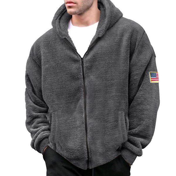 Vinter Sherpa Foret Zip Up Hoodie For Menn Grå Grey L