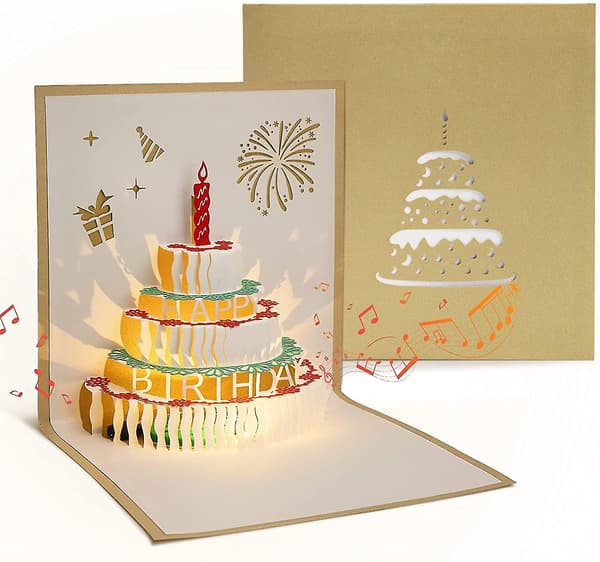 Birthday Card with Music and Light, 3D Pop Up Greeting Card with Envelope, Gold