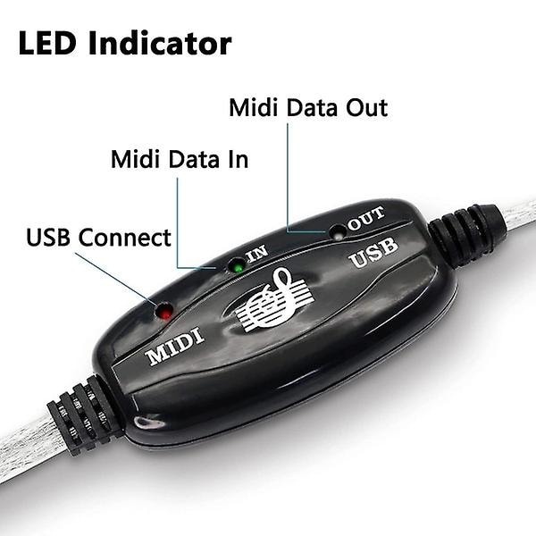 USB Midi-kabeladapter, USB typ A hane till Midi Din 5-stifts in-out-kabelgränssnitt med LED-indikator som visas