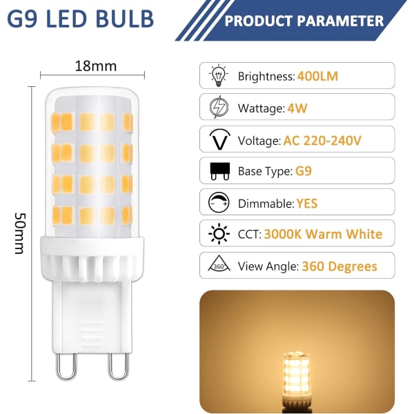 Dæmpbar G9 LED-pære, 4W svarende til 40W halogen, 480 LM, varm hvid 3000K, standard G9-sokkel, 360° rotationsvinkel med 6-pakning