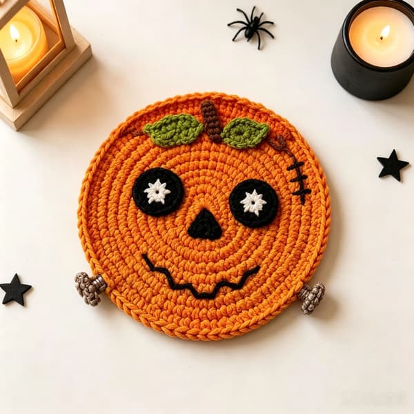 Heklede Halloween-brikker, håndlagde gresskar-spøkelse-monster-garn-drikkebrikker til borddekor Button Ghost