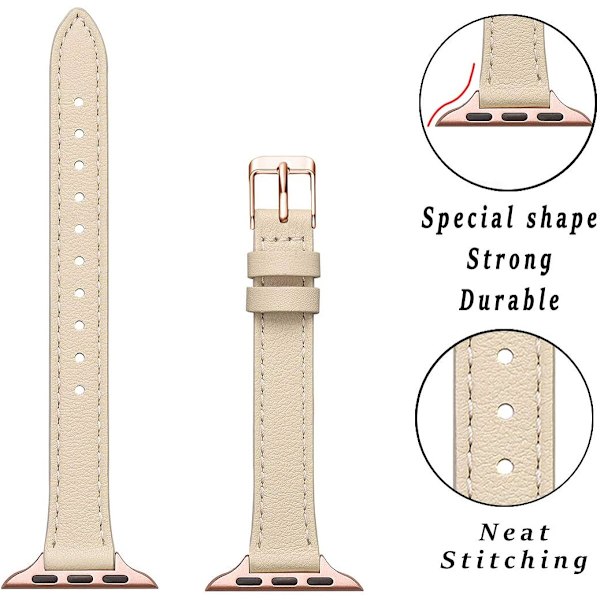 Hoikka nahkaranneke yhteensopiva Apple Watch Band 38 mm Beige Rose Goldilla Beige with Rose Gold 42mm/44mm/45mm/49mm