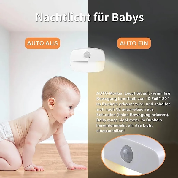 LED natlys med bevægelsessensor, 4 varme hvide batteridrevne lys, 2 lystilstande, automatisk tænd/sluk sensorlys til gang, trapper, soveværelse