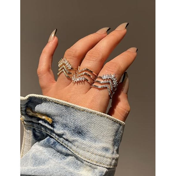 Gull Statement Ringer for Kvinner 14k Gullbelagt Sølv Rose Gull Ondt Øye Chevron Spiss V-formet Åpne Ringer Marquise Kubisk Zirkonia Justerbare Ringer