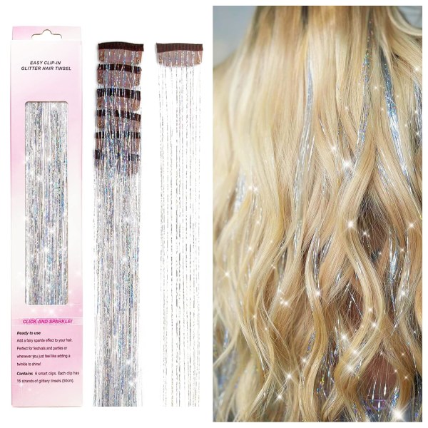 Clip in Hair Tinsel Kit, Pack med 6 Glitter Fairy Tinsel Hair Extensions 20 tum glänsande hårglitter värmetåligt (Silver)