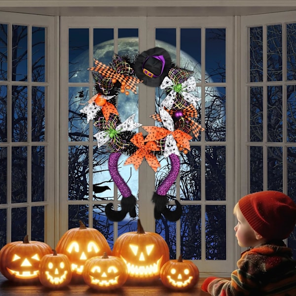 Halloween Dekorationer, Halloween Krans 2 stk, Halloween Hexe Krans Sort Krans med Hat Hexe Ben Græskar, Indendørs Udendørs Hjem