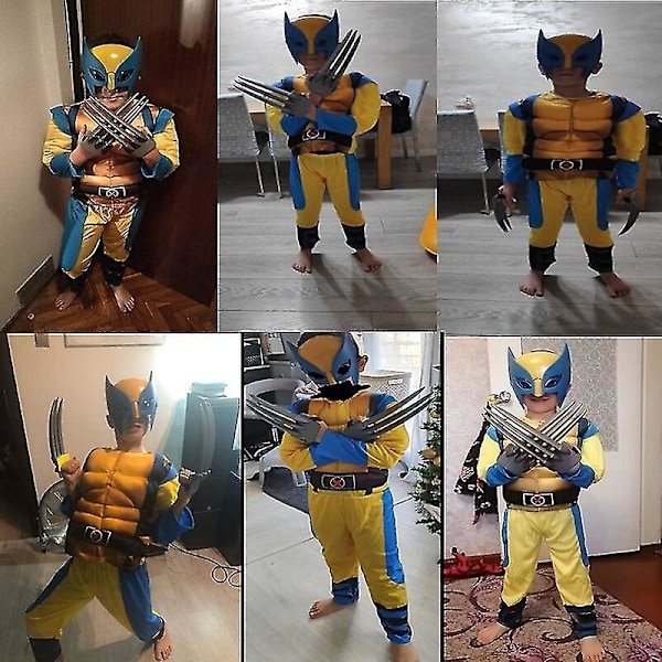 Wolverine-dräkt för barn, superhjältedräkt, overall, Halloween-cosplaymask/vargklo-rekvisita, fantasy-e 3-delad set