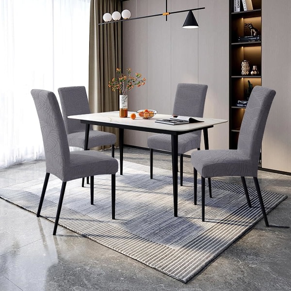 4-pak trekk Stretch Avtagbare vaskbare spisestuebl Leaves-dark Gray 6