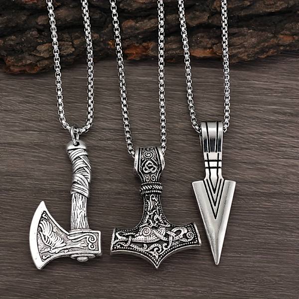 3 stk. Vikingehalskæder til mænd - Vikingehammer, nordisk kompas, keltisk knude, ulveøkse vedhæng, nordisk Antique Silvery