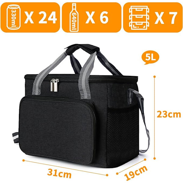 15 L kylmälaukku, 31 x 19 x 23 cm (musta), pikniklaukku, suuri laukku,