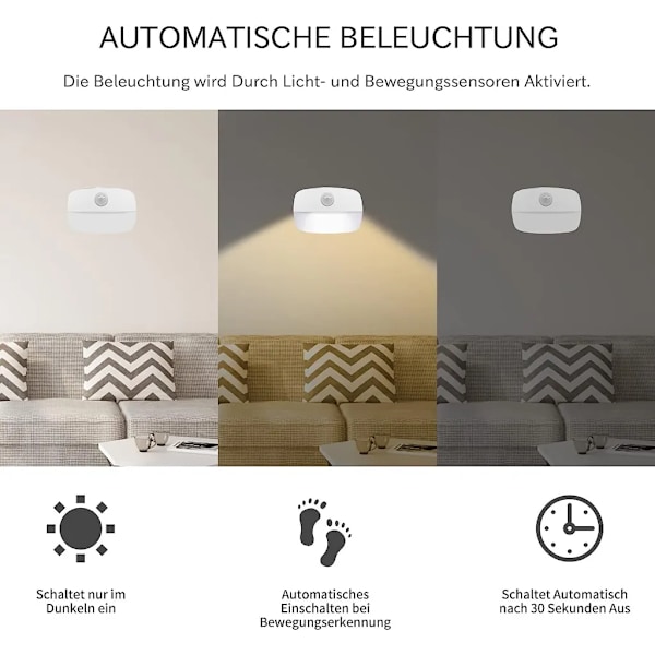 LED natlys med bevægelsessensor, 4 varme hvide batteridrevne lys, 2 lystilstande, automatisk tænd/sluk sensorlys til gang, trapper, soveværelse
