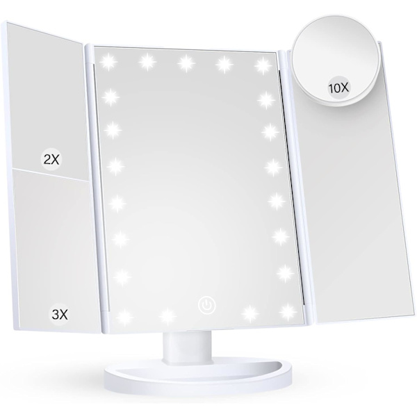 Sminkspegel Sminkbordsspegel med Ljus, 2X 3X 10X Förstoring, Touchkontroll, Tri-Fold Smink Spegel, Dubbel Strömförsörjning, Bärbar LED Smink Spegel