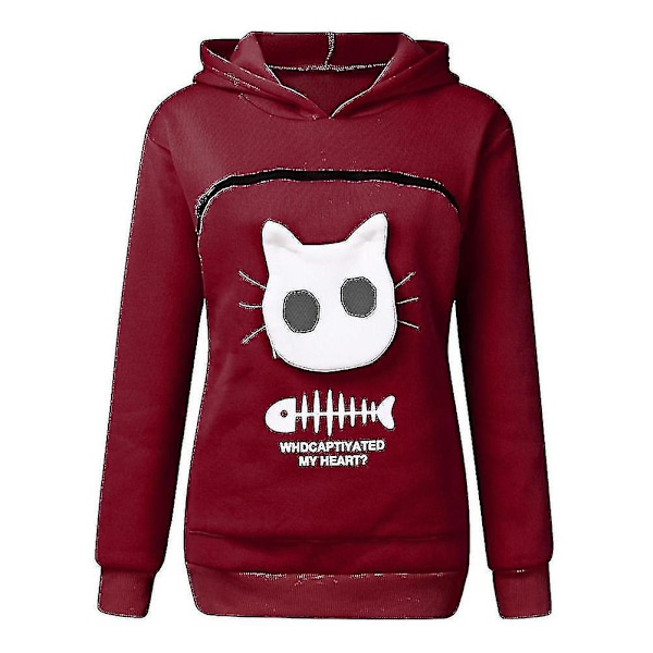 Kattälskare Hoodie Känguru Hund Tass Pullover Myspåse Sweatshirt Fickdjur Öron Huva Rödvin Red wine XXXL