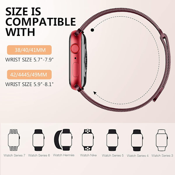 Metallista valmistettu ranneke Apple Watchille, yhteensopiva 40 mm, 38 mm, 41 mm, viininpunainen - WELLNGS viininpunainen Wine Red 42/44/45/49mm