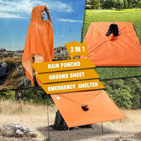 Vedenpitävä sadeponcho, kevyt, uudelleenkäytettävä, hupullinen, retkeilyyn, yksi koko, oranssi Orange