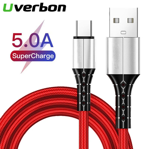 5A USB-C Nopea Lataus Datakaapeli USB-A Micro USB Type-C Puhelimen Latauskaapeli 0,3/1/1,5m Nylon Kaapeli Xiaomi Huawei Punainen Type-C Kaapeli Red Type C Cable 1.5m
