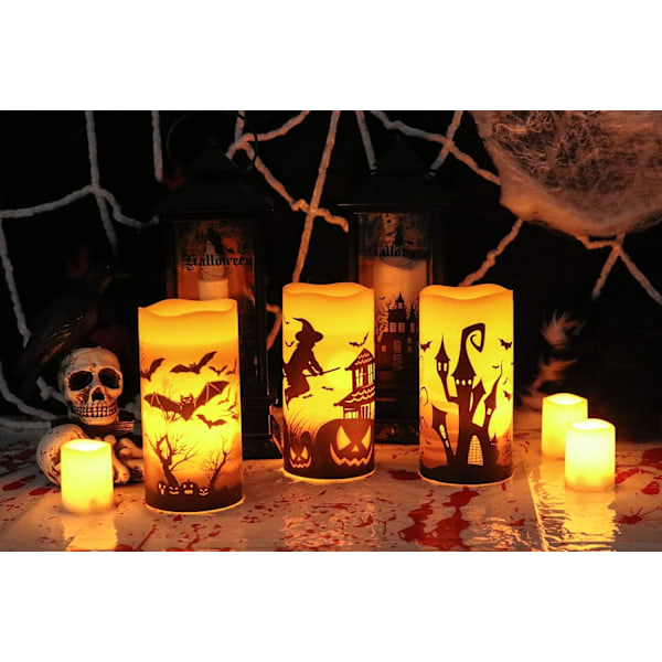 Halloween-lys uten flamme, LED-blinkende med 6 timers timer og gresskar-klistremerker, skummel Halloween-festival med 3 (D 7,6 cm x H 10,16 cm (5 tommer) 5 tommer 6 tommer)