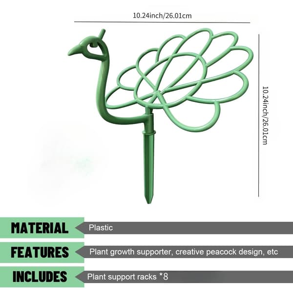 Et sett med 8 påfuglformede plantestøtter for balkonghageplanter. 8PCS