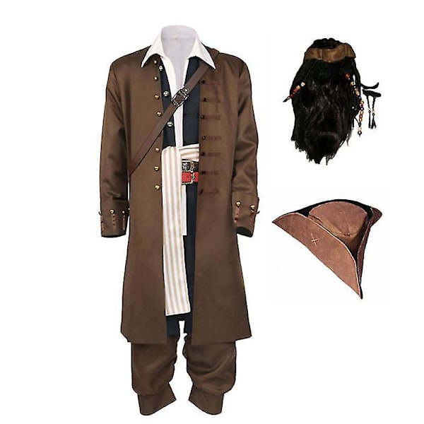 Cosdaddy Captain Jack Sparrow Cosplay Kostym Rock Kläder Vuxen Hatt Peruk Dräkter Halloween Karneval Kostym S S T1