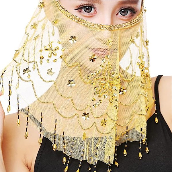 Bellige danseslørs, Chiffon slør med pailletter og perler Yellow