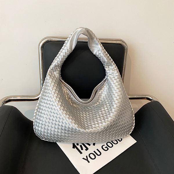 Håndtaske Designer Vævet Høj Kvalitet Skuldertaske Til Kvinder Luksus Læder Stor Kapacitet Håndtaske Casual Håndtaske Til Kvinder silver