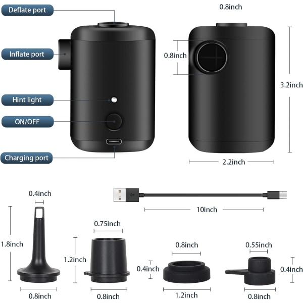 Elektrisk pumpe 2 i 1 bærbar trådløs USB oppladbar inflator