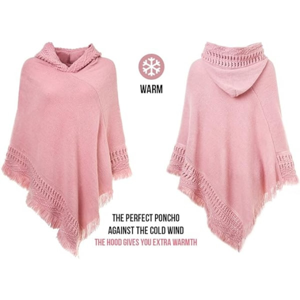 Chic virkat huva Poncho Cape (rosa) för höst-vinterkvinnor