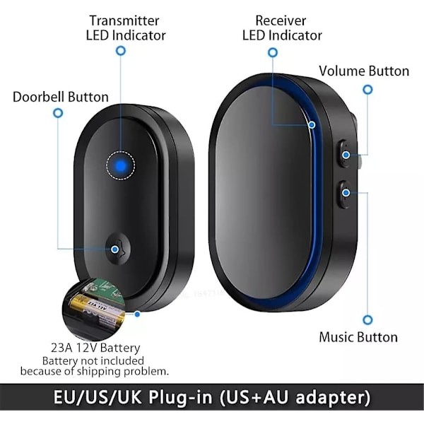 Hem Smart LED dörrklocka med 3 dörrklockor och 2 knappar black