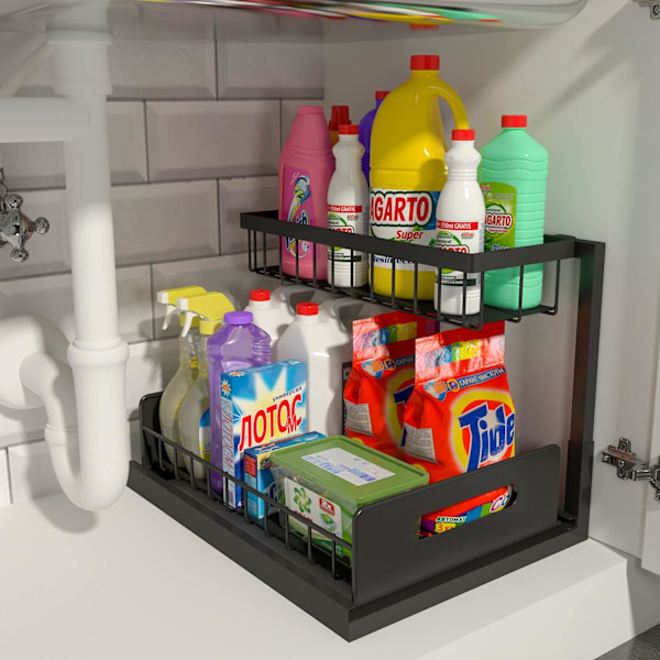 Under Sink Organizer, Ut dragbar skåpsorganisatör 2-vånings utdragbar diskbänkshylla Skåpsförvaringshyllor, Förvaring under diskbänken för kök Badrumsskåp