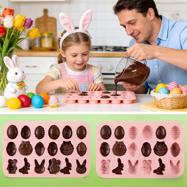 3 delar påsk silikon chokladformar rosa, grön och blå, påskägg hare silikonform, silikonform påsk, med 18 håligheter silikonformar