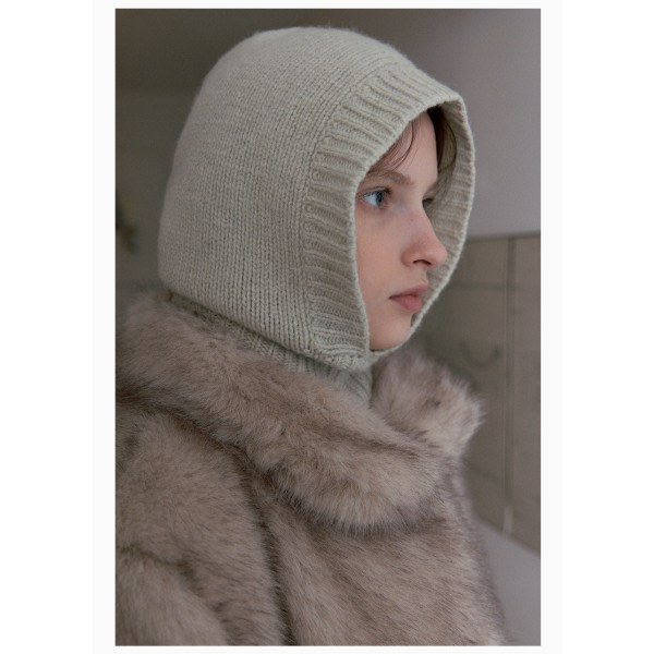 Stickad mössa med ull - beige, ulluppvärmd luvmössa, personlighet