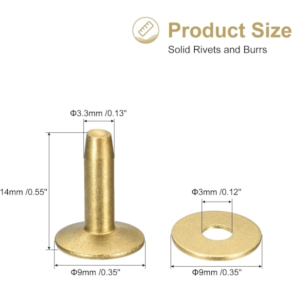 10 Set Brassnit och Burr, 9x3.3x14mm Massiva Läder Brassnit Fästen för Läder DIY Hantverk Tillbehör, Guldton