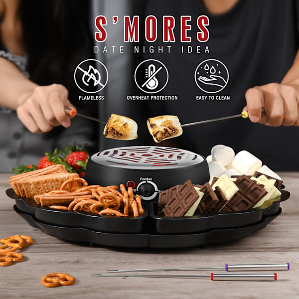 2-i-1 Elektrisk S'mores Maker & Fonduegryte, Bordplate Innendørs Smoressett med 4 Grillgafler, 4 Avtakbare Skuffer & 1 Temperaturstyrt Varmer