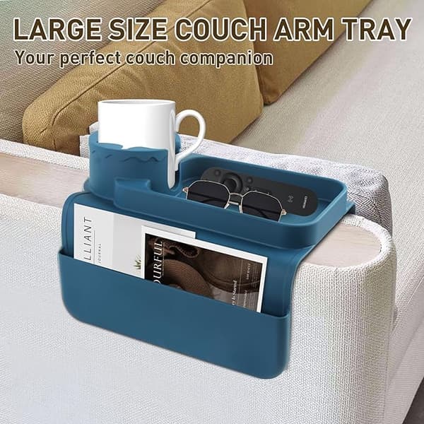 Silikon Sofakoppholder - Sklisikker Sofa Armlenebrett med Koppholder og 4 Lommer, Sammenleggbart Sofa Armlenebrett (Mørkeblå) Dark Blue