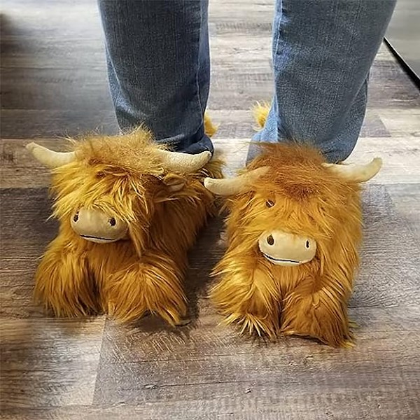 Highland Cattle Tøfler, Fluffy Skotske Highland Cow Tøfler Plush