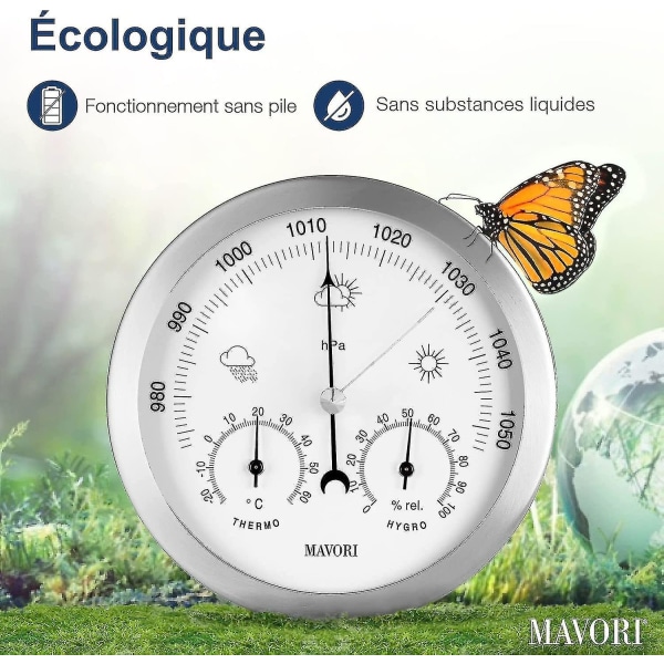 Innendørs/utendørs analog værstasjon, ramme i rustfritt stål - Inkluderer barometer, hygrometer og termometer (FMY)