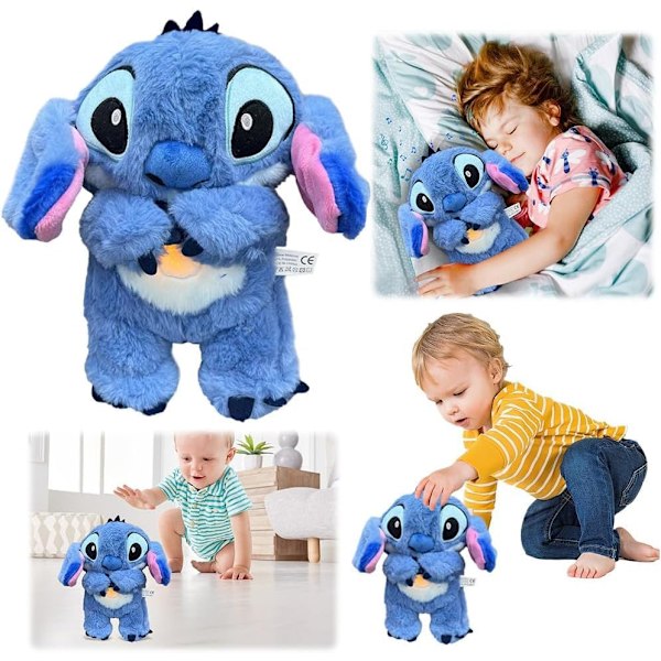 Stitch Plysjdyr for å Lindre Angst, Søt Tegneserie Roende Dyr Leke med Luftpose Pustende Bevegelse for Barn Voksne Sov (Blå)