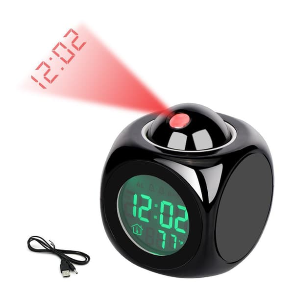 LED Projektionsväckarklocka med Rösttidsrapport, Multifunktionell Digital Klocka med Stor Display för Sovrum - Svart black