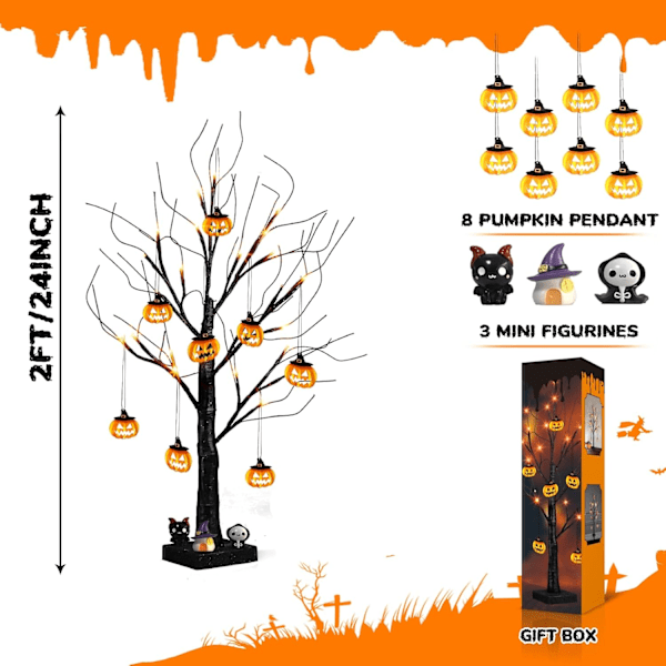 Halloween Innendørs Dekor, 2FT Halloween Tre med 24 Orange Lys og 8 Gresskarpynt, Opplyst Halloween Dekorasjon Svart Tre